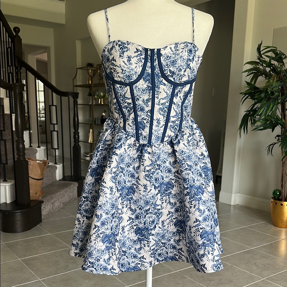 Blue and White Pleated Mini Dress Sweetheart Neckline